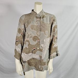 Citron Santa Monica Wave and Crane 100% Silk Blouse